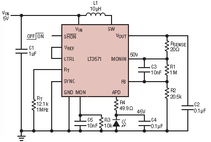 Linear Technology LT3571-based 5 to 45-V boost power supply circuit Linear Technology LT3571-based 5 to 45-V boost power supply